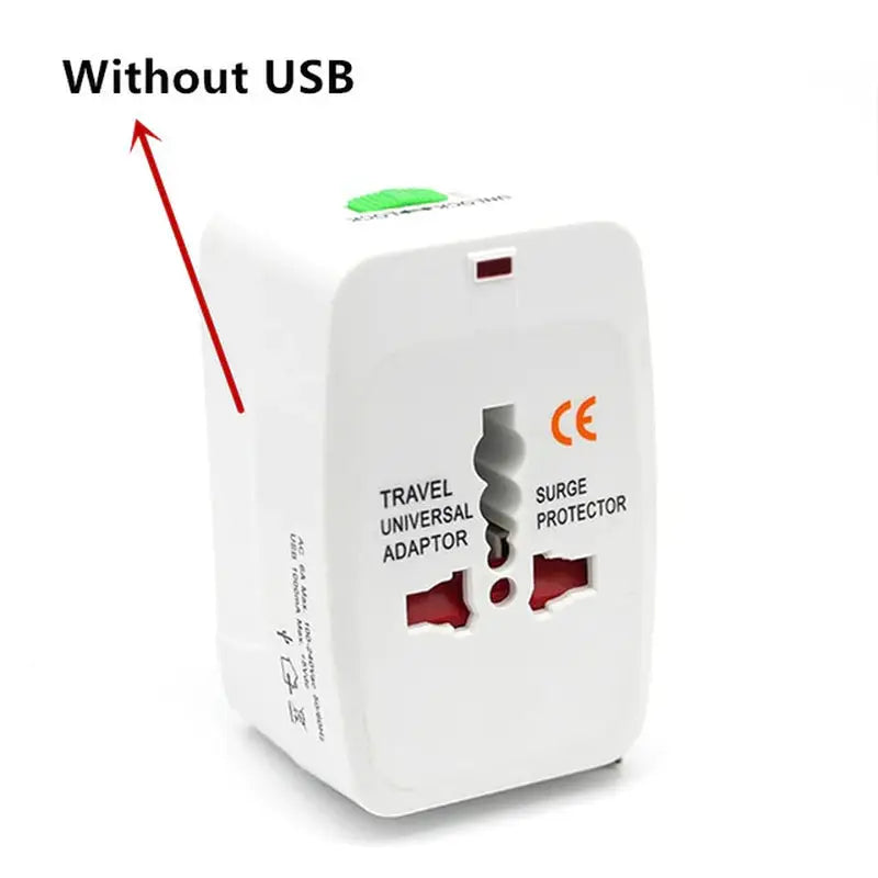 a white travel adapt plug with a red arrow