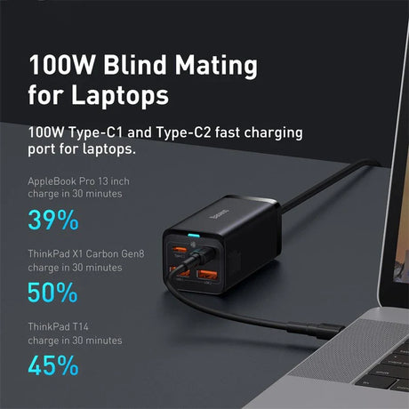 100W fast charging adapter with Type-C1 and Type-C2 ports for laptops.