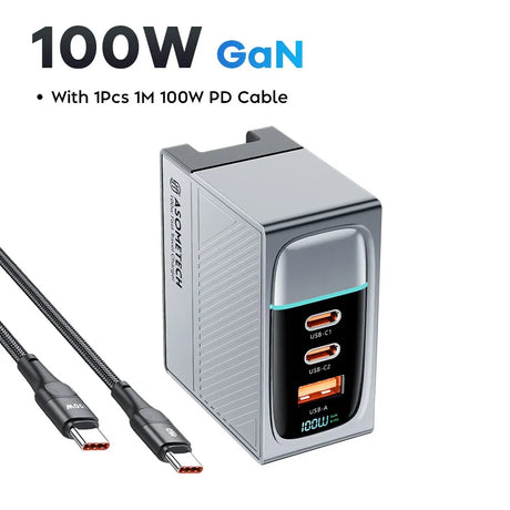 100W GaN charger with three ports and an included USB-C cable.