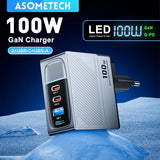 100W GaN charger with two USB-C ports, one USB-A port, and a digital display screen.