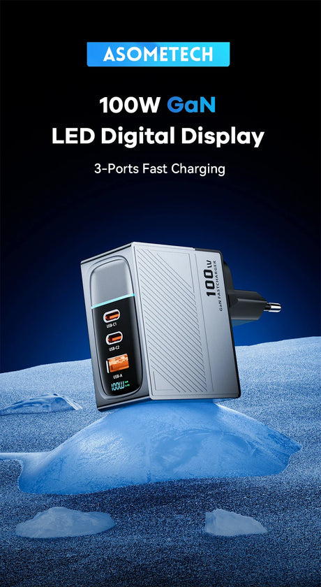 100W GaN fast charger with LED digital display and three charging ports.