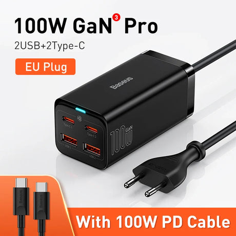 100W GaN Pro charger with multiple USB and Type-C ports, featuring an EU plug and accompanying PD cable.