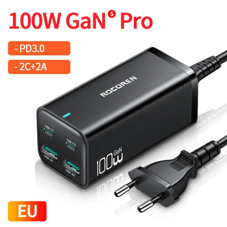 100W GaN Pro charger with multiple USB ports and an EU plug.