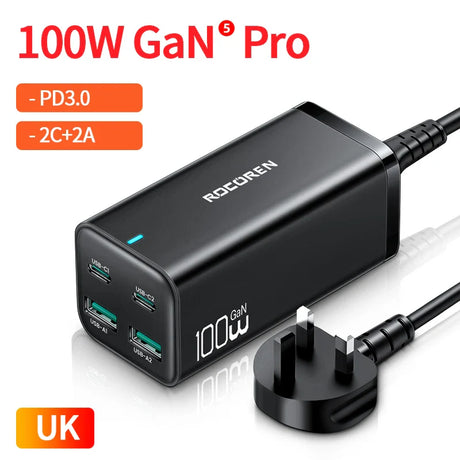 100W GaN Pro charger with multiple USB ports and a UK plug.