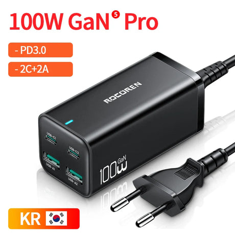 100W GaN Pro charger with multiple USB ports and a power plug.