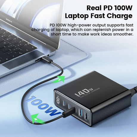 100W fast-charging laptop power adapter with multiple USB ports.