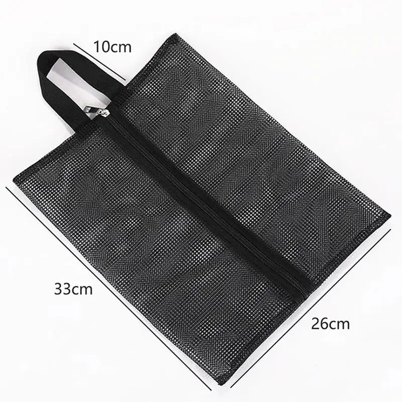 a black mesh bag with a zipper closure