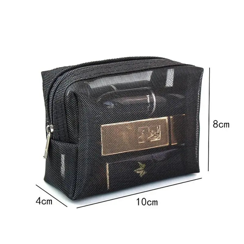 the black mesh cosmetic bag with gold hardware