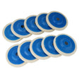 a set of blue and white plastic wheels