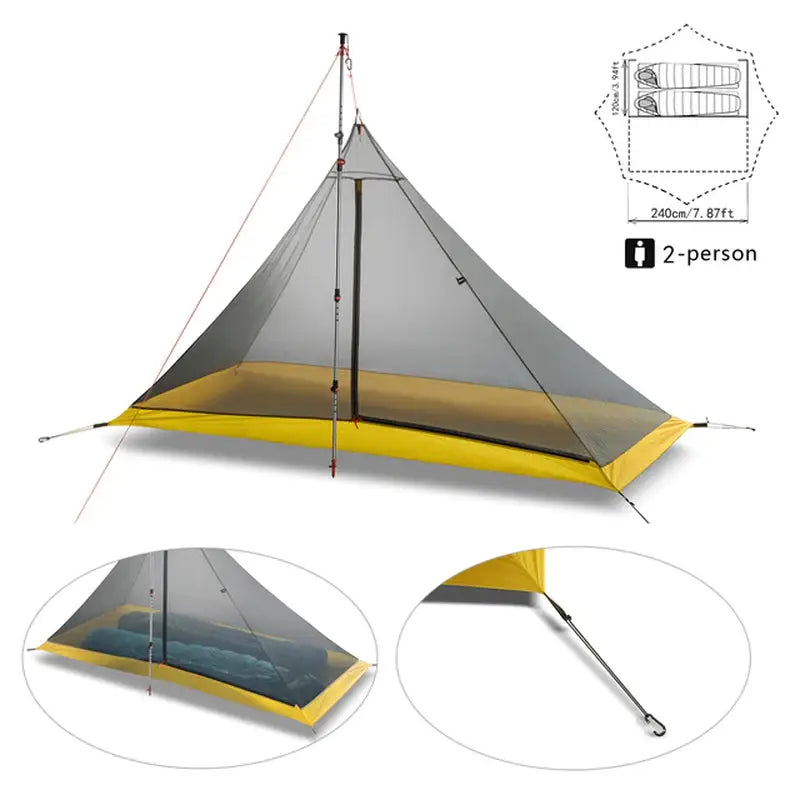 a yellow and grey tent with a black and white tent