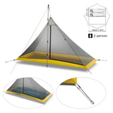 a yellow and grey tent with a black and white tent