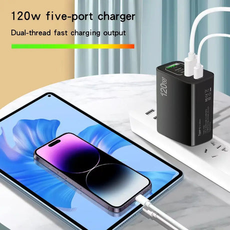 120W five-port charger with dual-thread fast charging output capability.