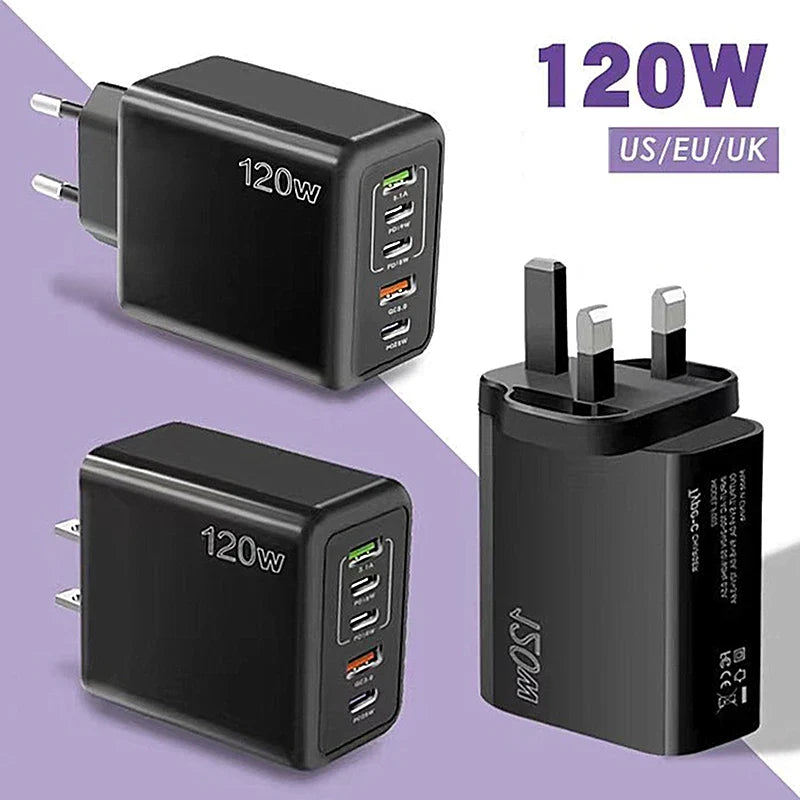 120W multi-port USB charger adapter with interchangeable plugs for US/EU/UK outlets.