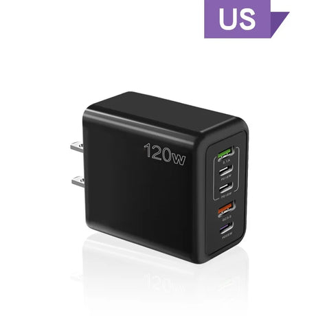 120W multi-port USB charger with black casing and US plug.