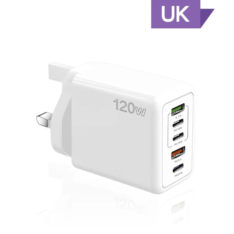 120W multi-port USB charger adapter with UK plug.