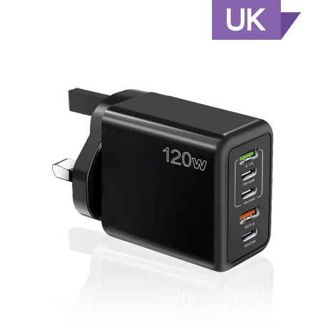 120W multi-port USB charger adapter with UK plug.