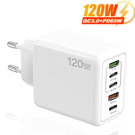 120W multi-port USB charger adapter with QC3.0 and PD65W capabilities.