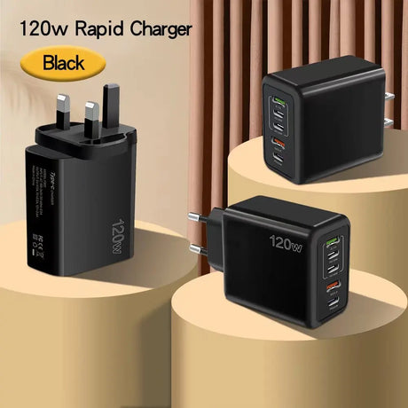 120w rapid charger in black with multiple USB ports.