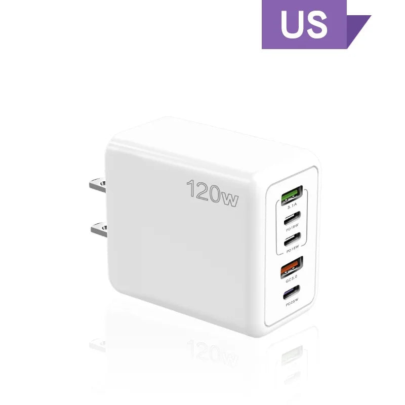 120W white multi-port USB charger with various USB-C and USB-A ports.