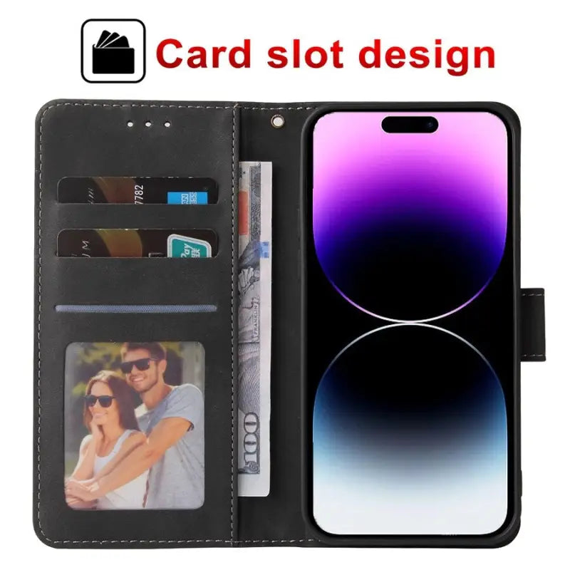 a black leather wallet case with a photo of a couple