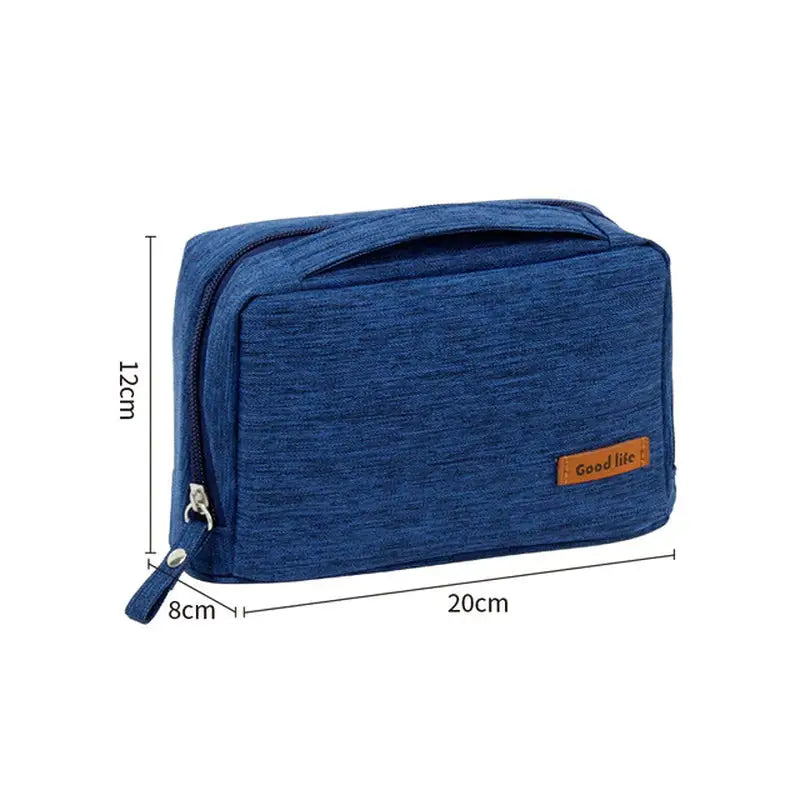 the blue travel toilet bag with a zipper closure