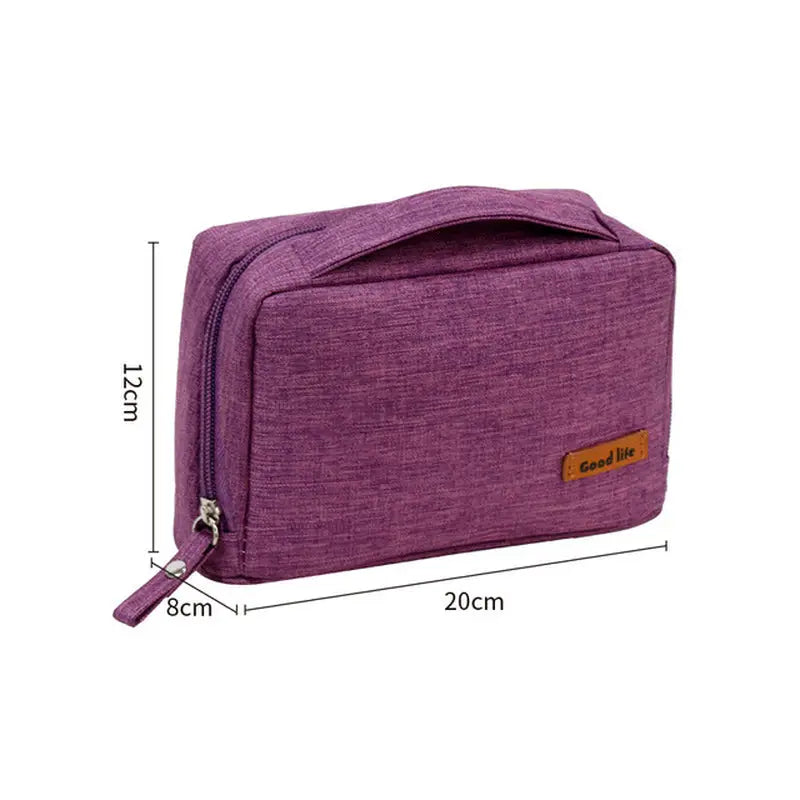 the purple cosmetic bag is shown with the measurements of the bag