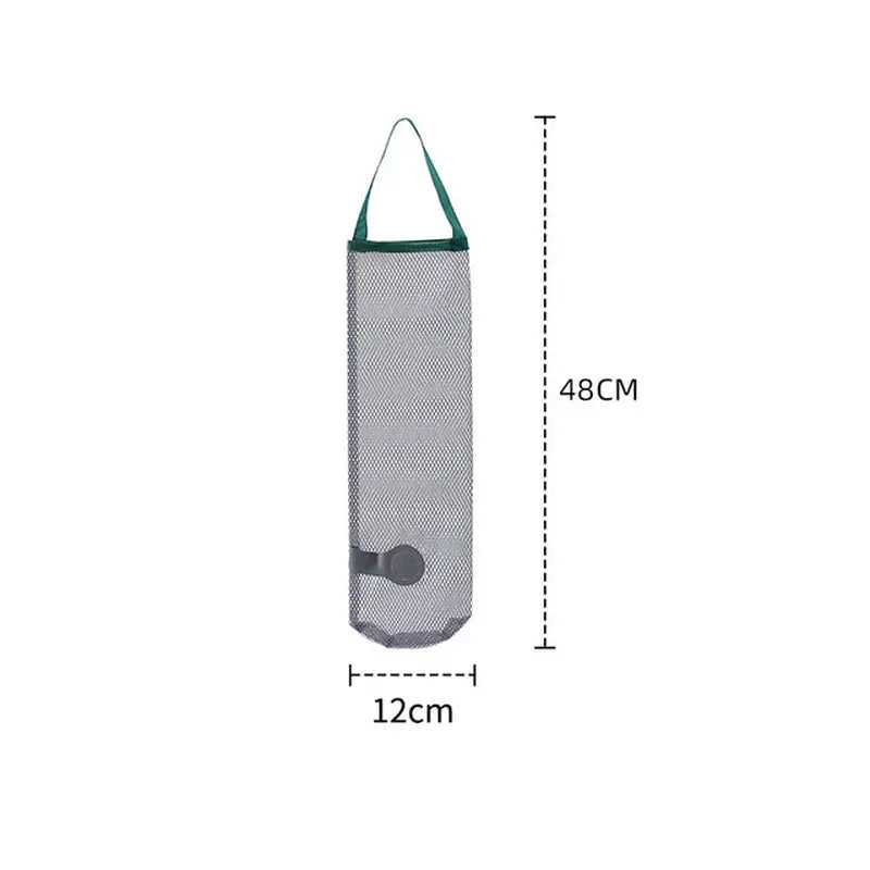 the grey and green hanging bag is shown with measurements