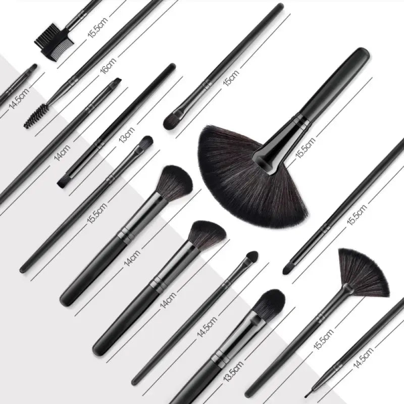 the makeup brush set is shown with the measurements of the brushes