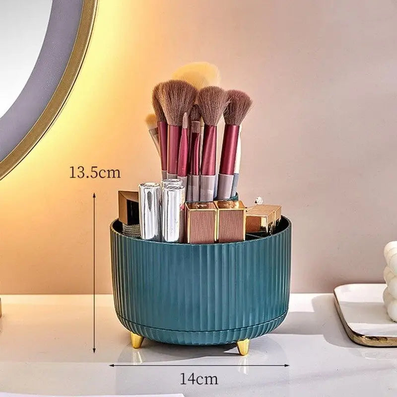 a makeup brush holder with a mirror in the background