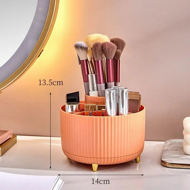 a makeup brush holder with a mirror and a mirror