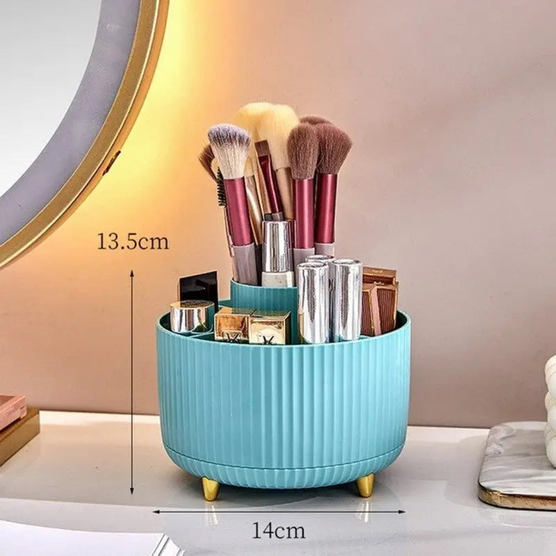 a blue makeup brush holder with a mirror in the background