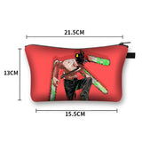 a red and green zipper pouch bag with a drawing of a man holding a knife