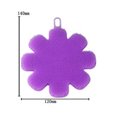 a purple flower shaped dish brush holder with measurements