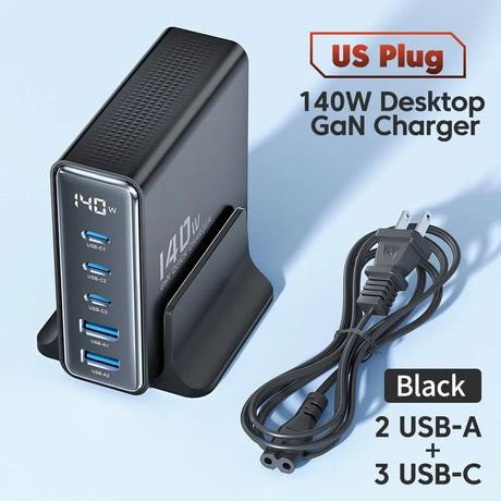 140W desktop GaN charger with multiple USB ports and a digital power display.