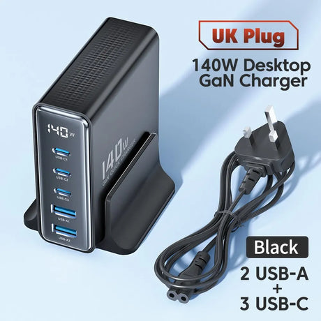 140W desktop GaN charger with multiple USB ports and a UK plug.