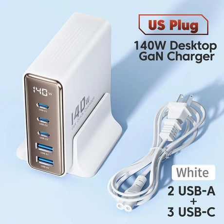 140W desktop GaN charger with multiple USB ports and a white power cord.