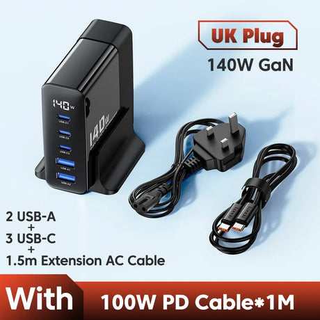 140W GaN multi-port USB charger with UK plug and included cables.