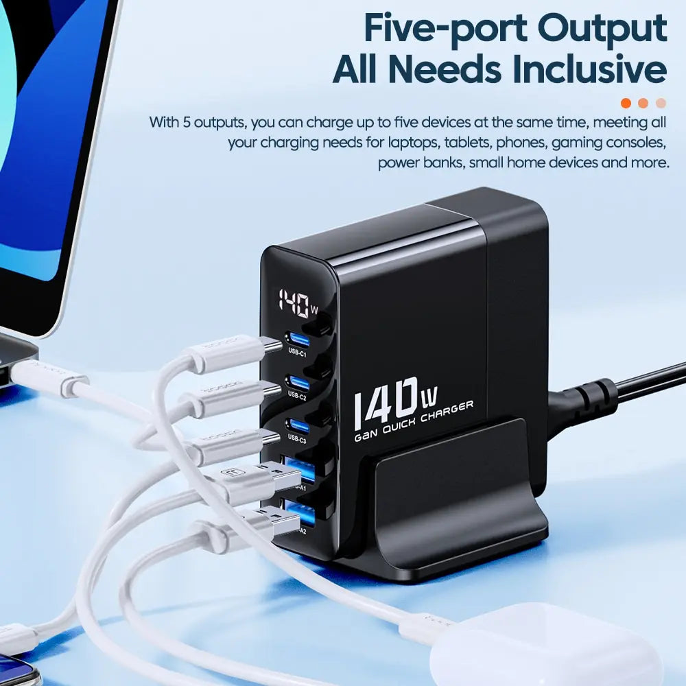 140W GaN quick charger with five USB ports for simultaneously charging multiple devices.