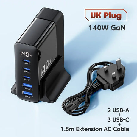 140W GaN USB charger with multiple ports and a UK plug.