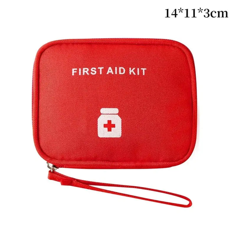 a close up of a red first aid kit with a red strap