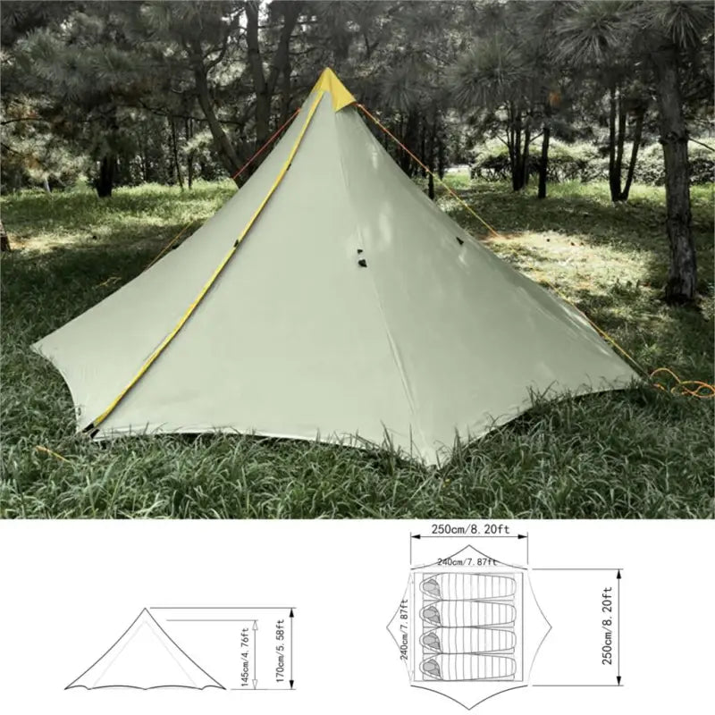 the tent is shown with measurements