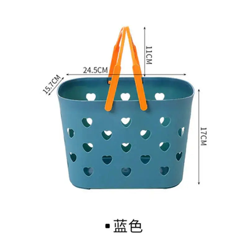 a blue plastic basket with hearts on it
