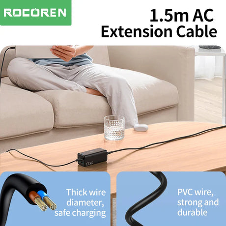 1.5-meter AC extension cable with thick wire diameter and PVC insulation for safe charging.