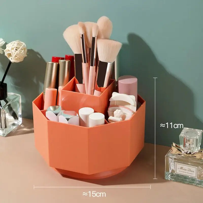 a desk with a desk organizer and makeup brushes