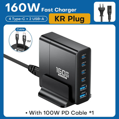 160W fast charger with 4 USB-C ports, 2 USB-A ports, and a KR plug.