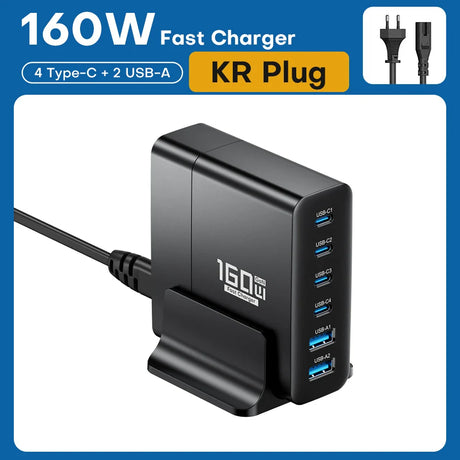 160W fast charger with 4 USB-C and 2 USB-A ports, featuring a KR plug.