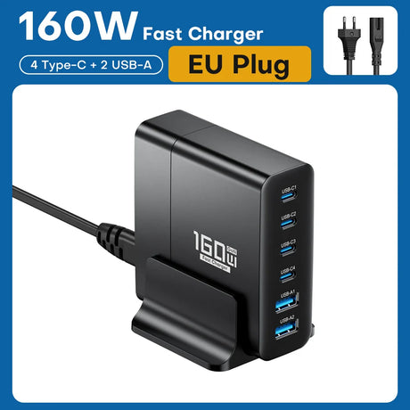 160W fast charger with 4 USB-C and 2 USB-A ports, featuring an EU plug.