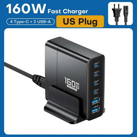 160W fast charger with 4 USB-C and 2 USB-A ports, featuring a US plug.