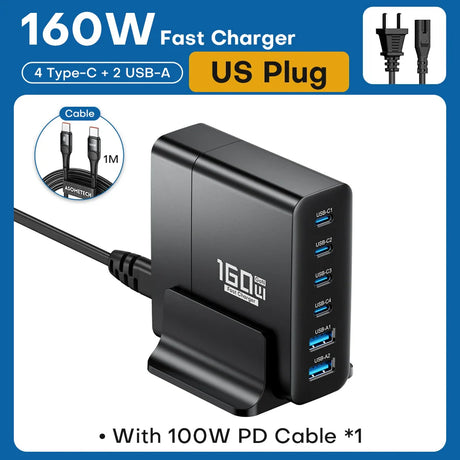 160W fast charger with multiple USB-C and USB-A ports and a detachable US plug.