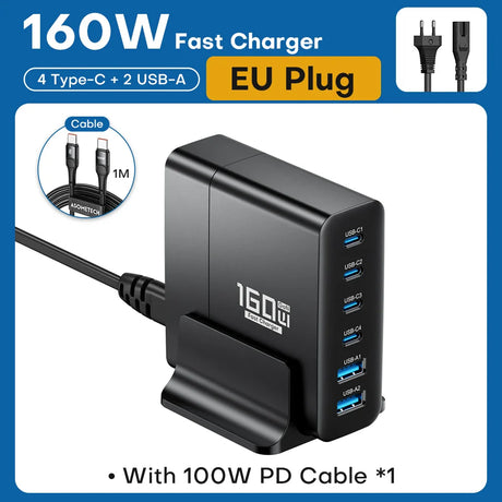 160W fast charger with multiple USB-C and USB-A ports, featuring an EU plug and included 100W PD cable.